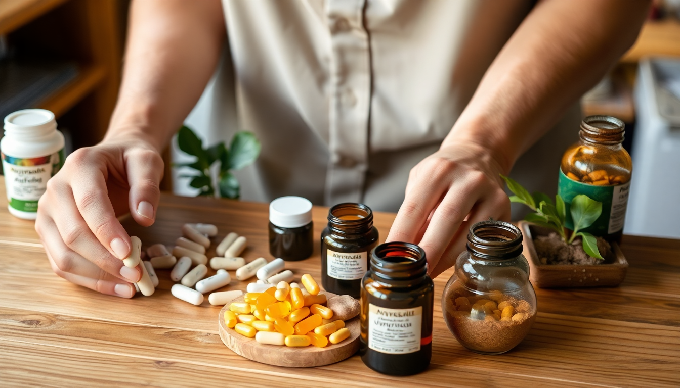 A person selecting Ayurvedic supplements on a wooden table