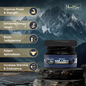 Himcure Himalayan Shilajeet resin jar on rock with benefits listed to buy shilajeet resin online
