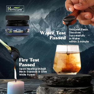 Buy shilajeet resin online Himcure brand showing water test and fire test results for purity